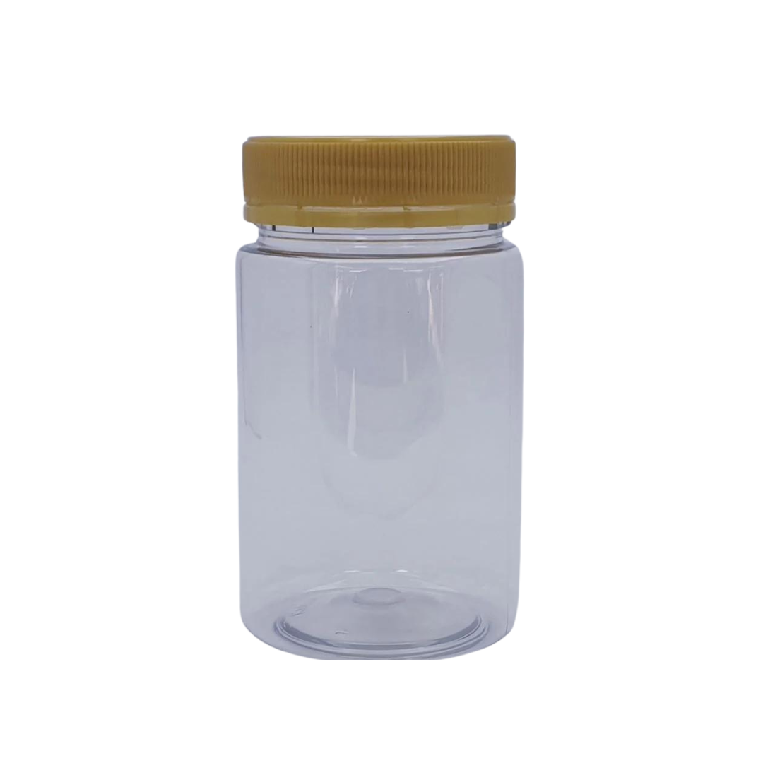 Round plastic honey jars 500g with tamper proof lid - yellow lid