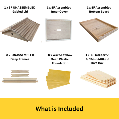 Unassembled Single Level Beehive - 8 Frame Kit With 1x Boxes, Bottom Board, Gabled Garden Outer Cover, Unassembled Frames and Foundation