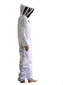 Beekeeper wearing ventilated mesh bee suit during hive inspection
