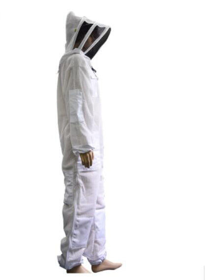 Beekeeper wearing ventilated mesh bee suit during hive inspection