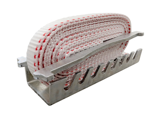 Emlock hive strap with coiled poly woven band in the galvanized lock body, profile view